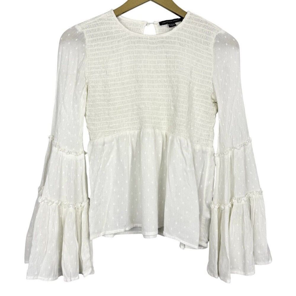 Y2K American Eagle Fairy Flared Long Sleeve Smocked Blouse XS White Angel Dainty